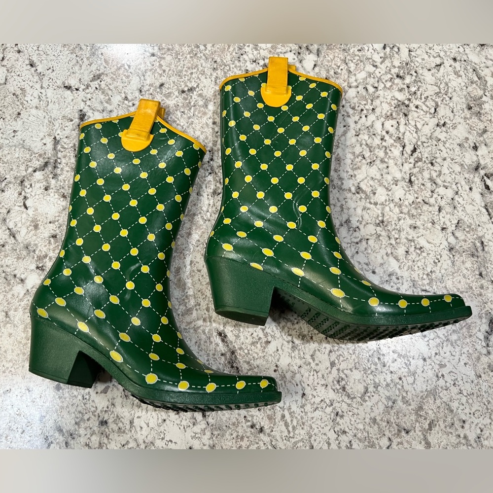 Womens Stadium Stomper Rubber Rain Boots Size 6 Green Yellow - Picture 2 of 4